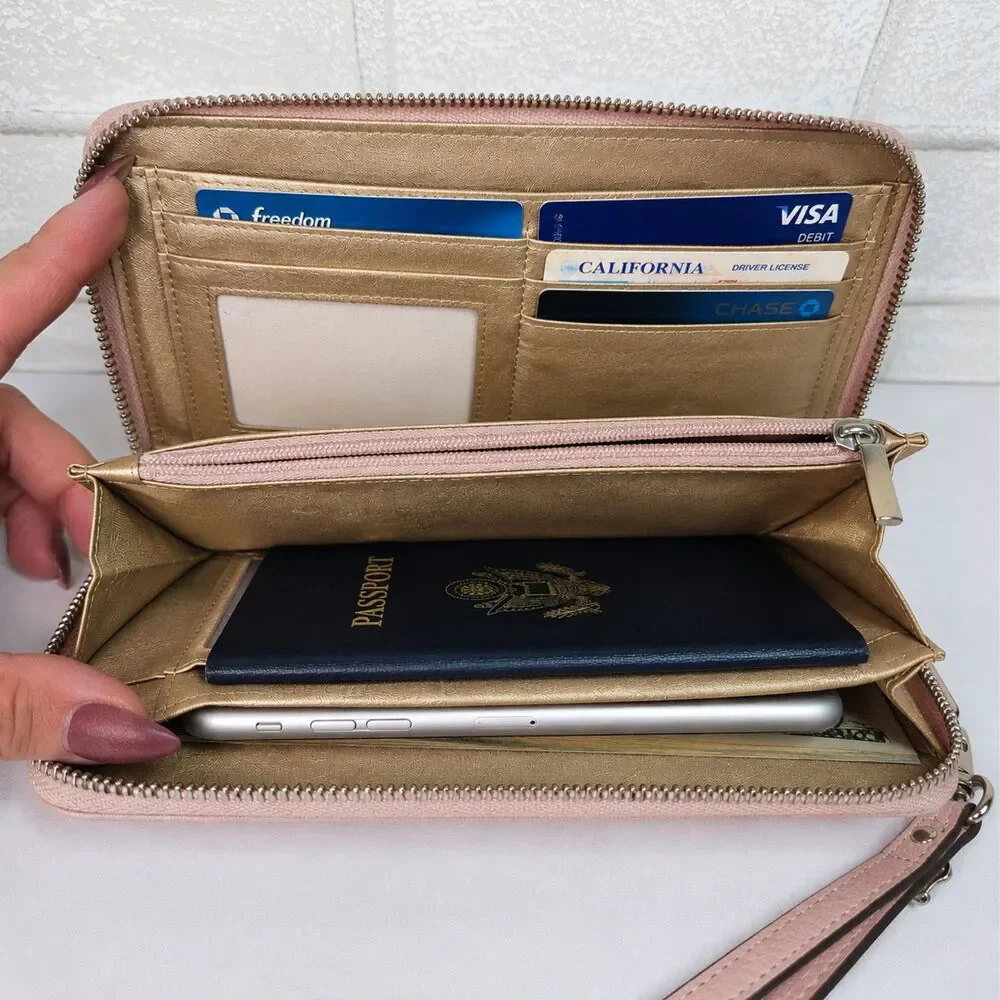 Anne Klein Blush Pink Zip Around Wristlet Wallet Clutch Organizer Faux Leather